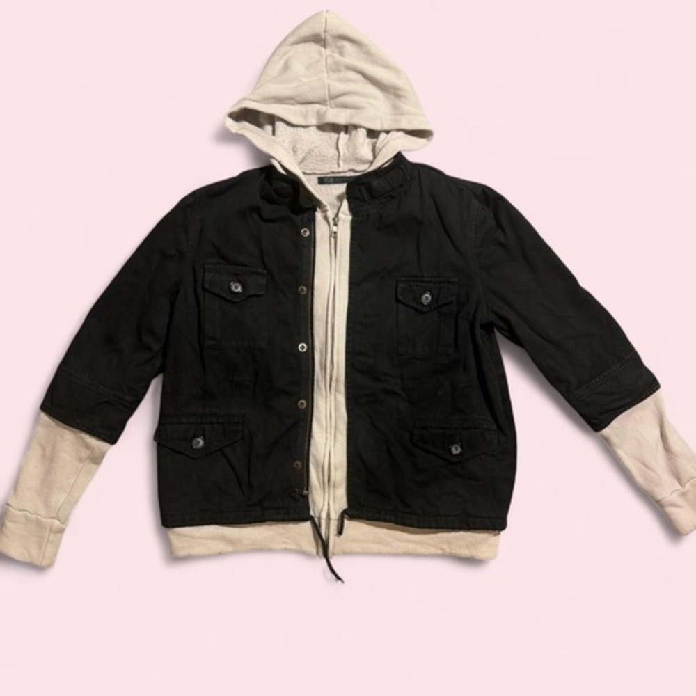 John Eshaya Vintage Y2K Black Denim Hooded Moto Jacket Skater Twilight Small